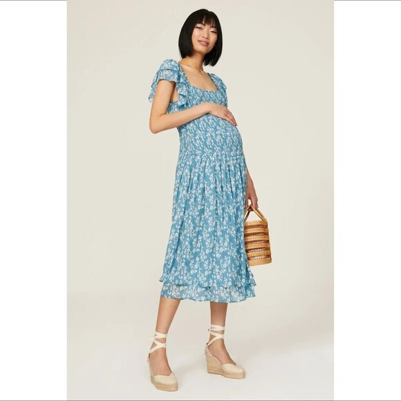 Hatch Cosette maternity smocked floral midi dress blue floral flutter sleeve XS - Picture 1 of 5